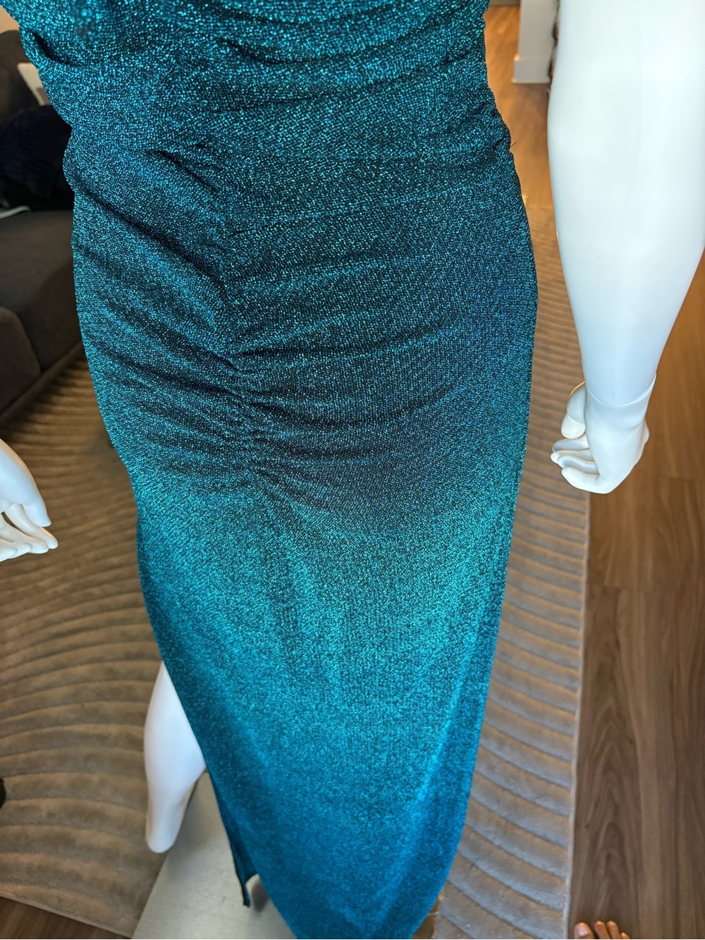 Emerald Green Shimmer Cut Out Maxi Dress Open Back Slit Sexy L - Picture 9 of 13